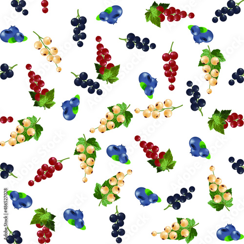 Seamless pattern, white, red and black currants and blueberries on a white background. Beautiful background for your designs, wallpapers, fabrics, textiles and more.