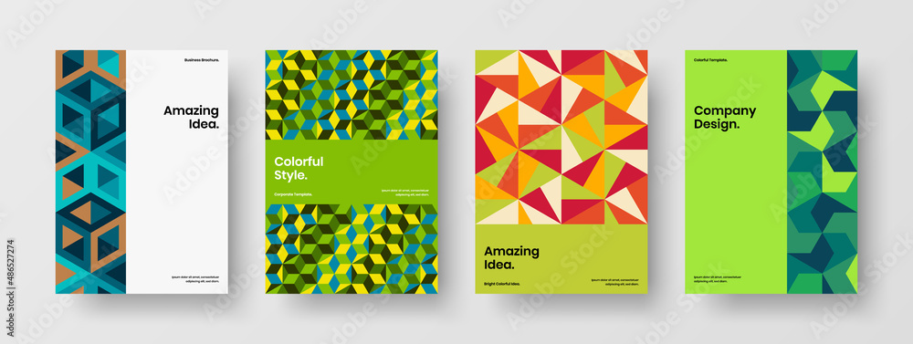 Fototapeta premium Clean mosaic tiles company brochure illustration bundle. Minimalistic presentation design vector layout composition.