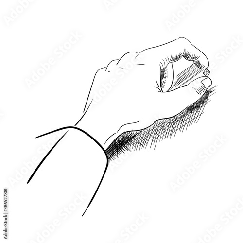Mans hand is holding a crystal. Graphic sketch. Vector