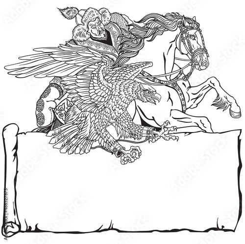 Hunting with a golden eagle on a horse. Kazakh nomad hunter sitting on pony horseback in the gallop. Traditional falconry in the Eurasian Steppe. Template with vertical ancient scroll. Black white