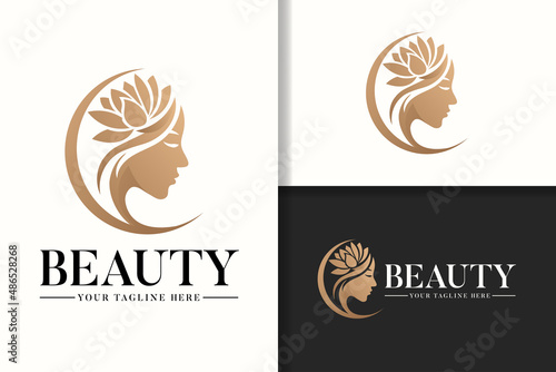 Feminine gold logo female silhouette with lotus flower