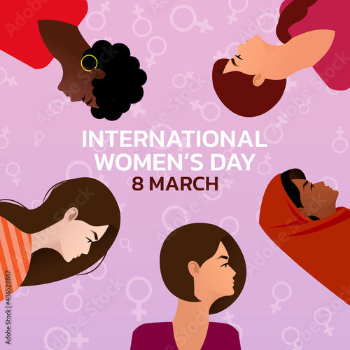 International Women's Day. Vector illustration of five happy smiling diverse women standing together.	