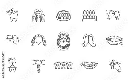 Thin line vector icons of dental clinic services, stomatology, dentistry, orthodontics
