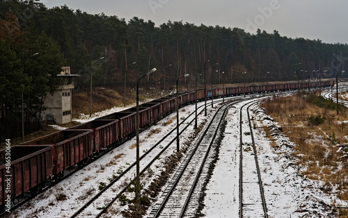Pociąg towarowy stojący na bocznicy wśród lasów w zimie , przyprószony śniegiem .