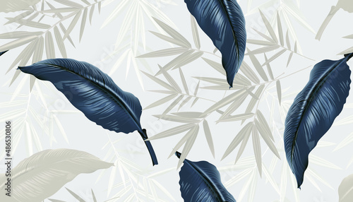 Floral seamless pattern, tropical leaves, palm tree on light gray background, vector illustration