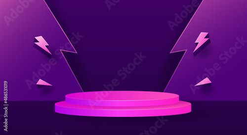 3D futuristic podium for product display. Product showcase on pedestal neon studio with thunder icon