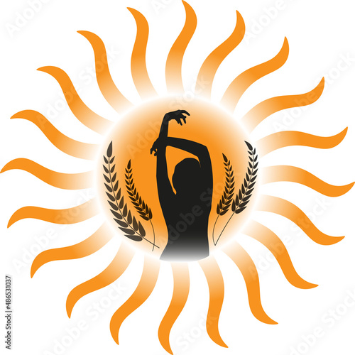 A female silhouette against the background of a solar disk with ears of wheat.