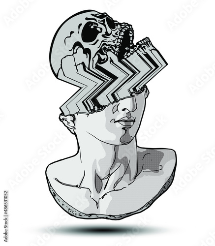 Vector hand drawn illustration of classical sculpture fragment of colossal head with glitched skull coming from the broken side. Isolated on white background. 