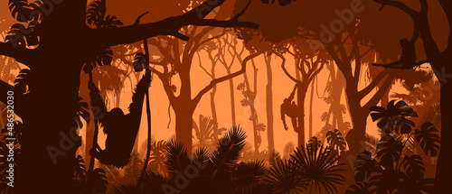 Beautiful vector landscape of a rainforest jungle with orangutan monkeys and lush foliage in sunset orange colors. photo