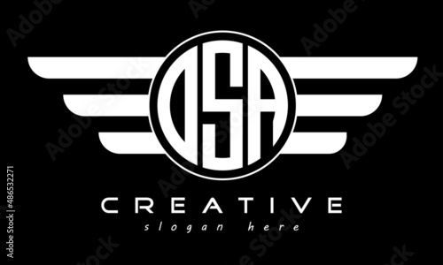 OSA three letter monogram type circle letter logo with wings vector template.
