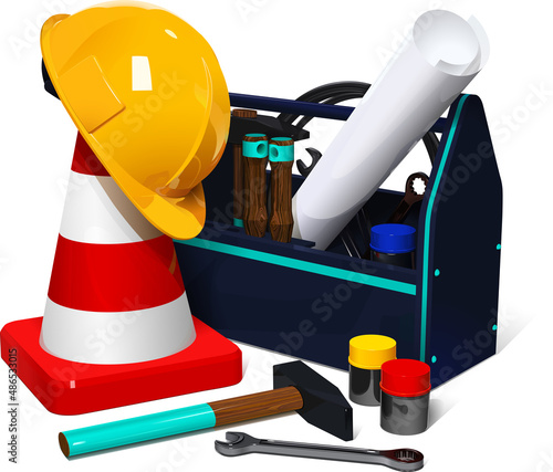 set of working tools with safety helmet and fencing cone