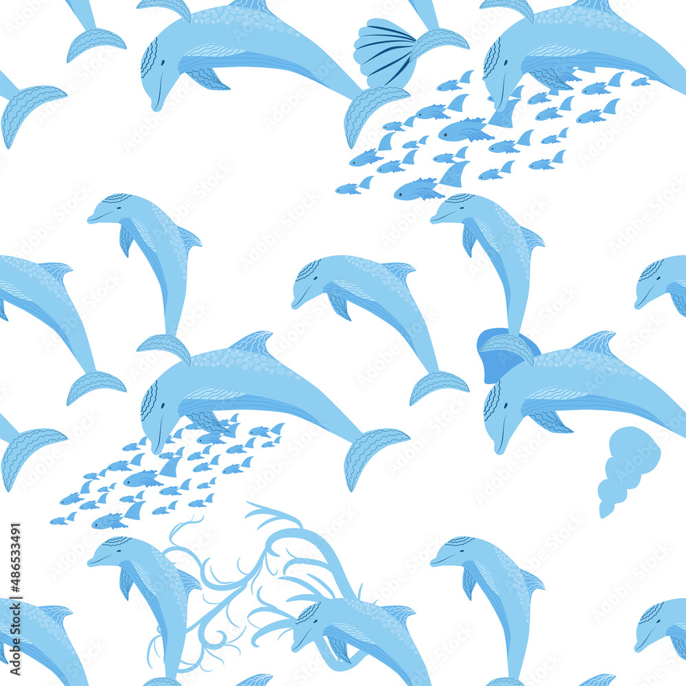 Naklejka premium Dolphin, sea inhabitants seamless pattern, beautiful character among seashells, algae, starfish, marine wildlife