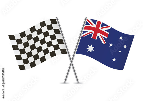 Checkered (racing) and Australia crossed flags, isolated on white background. Vector icon set. Vector illustration.