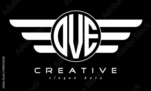 OVE three letter monogram type circle letter logo with wings vector template.