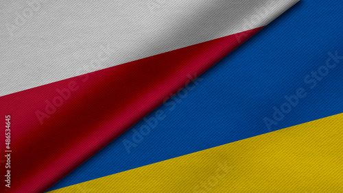 3D Rendering of two flags from Republic of Poland and ukraine together with fabric texture, bilateral relations, peace and conflict between countries, great for background