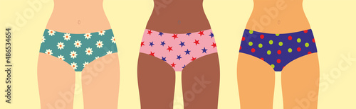 Underwear. Women panties, briefs multi-colored with print.National diversity, race diversity female body with variety of skin tones in lingerie.Body positive.Colorful Isolated flat vector illustration