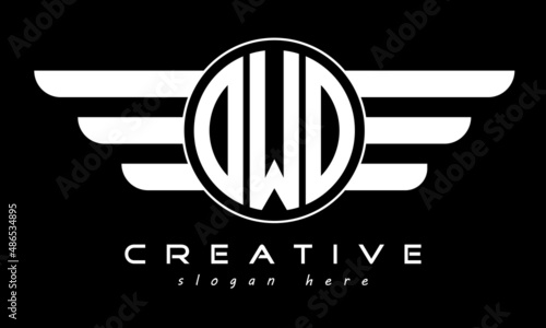 OWO three letter monogram type circle letter logo with wings vector template.