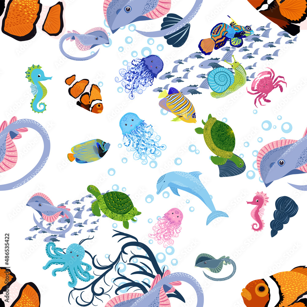 Naklejka premium Marine life, fish, animals bright seamless pattern. sea travel, underwater diving animal tropical fish. Jellyfish, whale, shark, seahorse, clown fish, dolphin, turtle, emperor