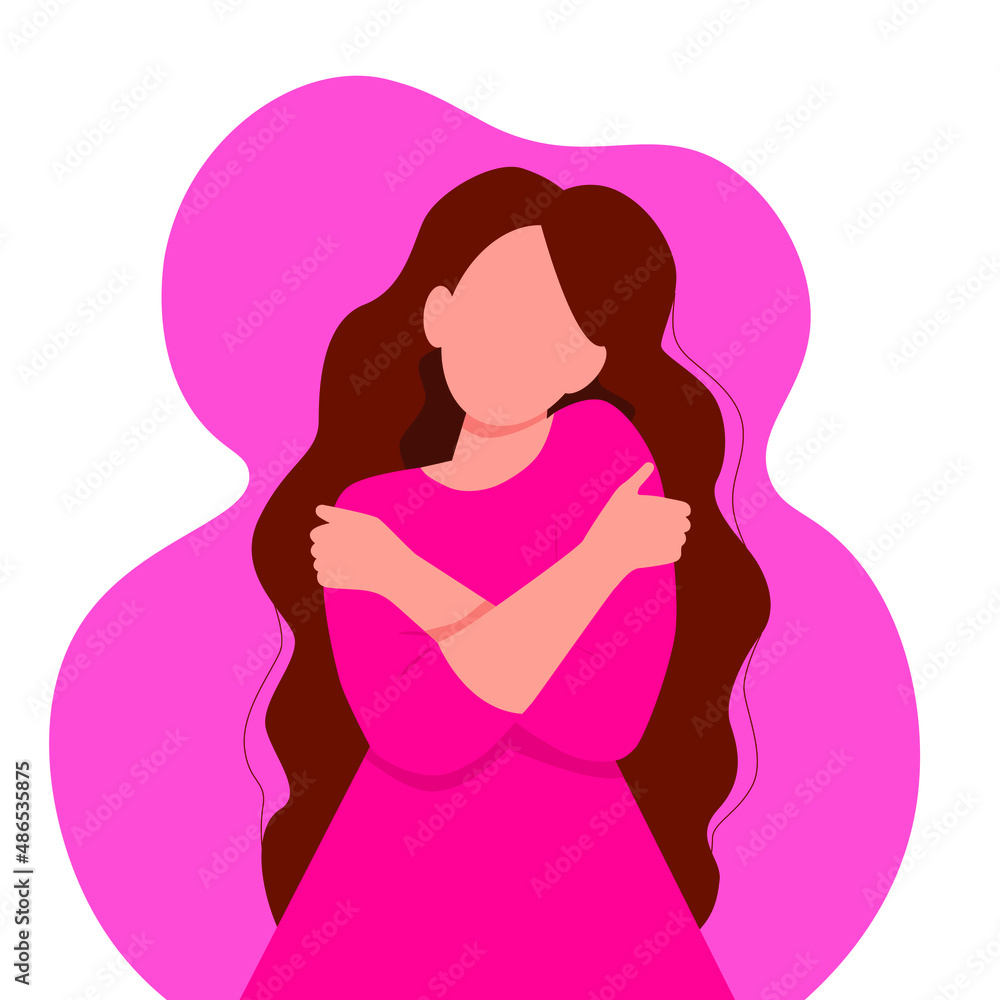 Self-love concept, woman without face hugs herself, vector illustration in flat style
