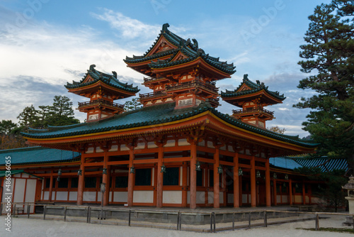 Heian-jingu Shrine  a Shinto shrine located in Saky  -ku  Kyoto  Japan. The Tori at the entrance is one of the biggest in Japan.