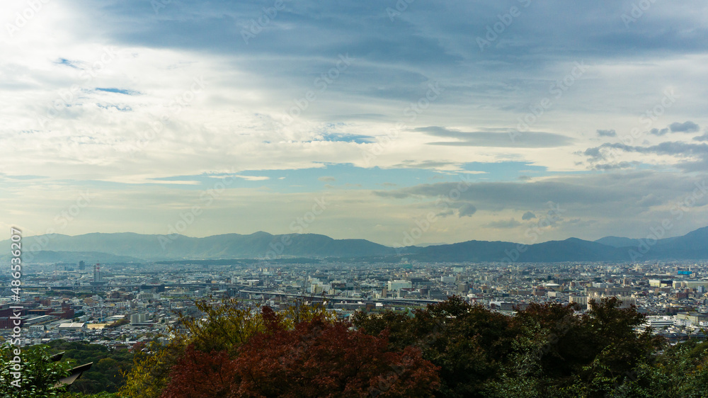 Views of kyoto city from the Fushimi Inari temple complex in Kyoto, Japan