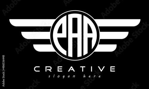 PAA three letter monogram type circle letter logo with wings vector template.