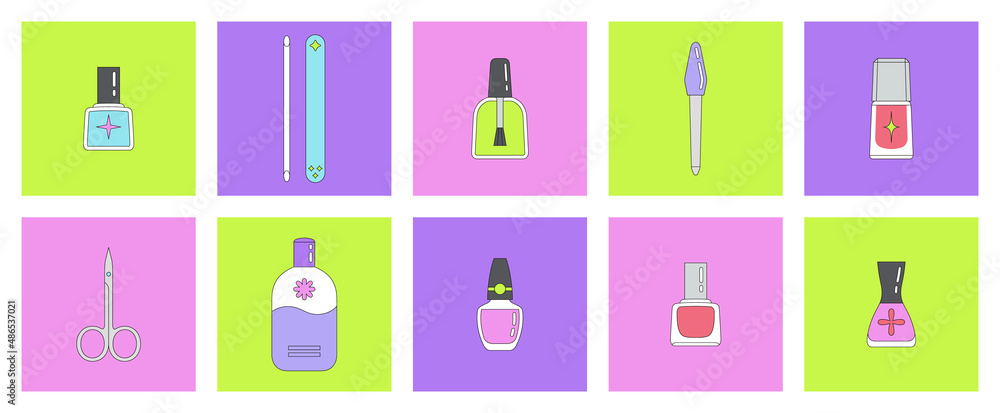 Big set of vector illustrations with manicure and pedicure supplies. Self care and cosmetics. Can be used in magazine, banner, social media publication, highlights, typographic, web design. Icons set Big set of vector illustrations with manicure and pedicure supplies. Self care and cosmetics. Can be used in magazine, banner, social media publication, highlights, typographic, web design. Icons set