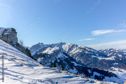 View of the peak of Hoher Kasten in the Swiss canton of Appenzell in winter photo