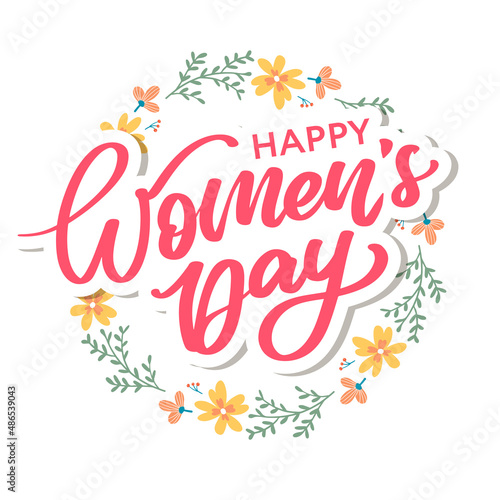 Women s Day hand drawn lettering. Red text isolated on white for postcard  poster  banner design element. Happy Women s Day script calligraphy. Ready holiday lettering design.
