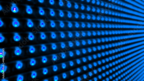 blurred view of abstract bulb lights in blue color. close up of led light in dots pattern for electronic, futuristic, digital concept.