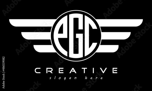 PGC three letter monogram type circle letter logo with wings vector template. photo