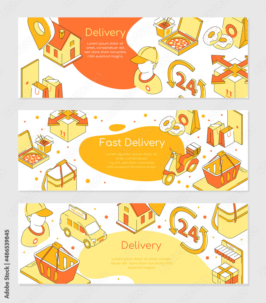 Food delivery - set of isometric abstract horizontal banners