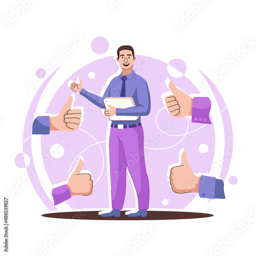 Happy yang smiling man supported by hands with thumbs up. Public approval, recognition, acknowledgment, acceptance, appreciation concept.