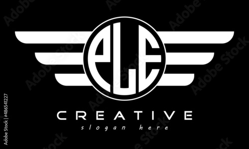 PLE three letter monogram type circle letter logo with wings vector template.