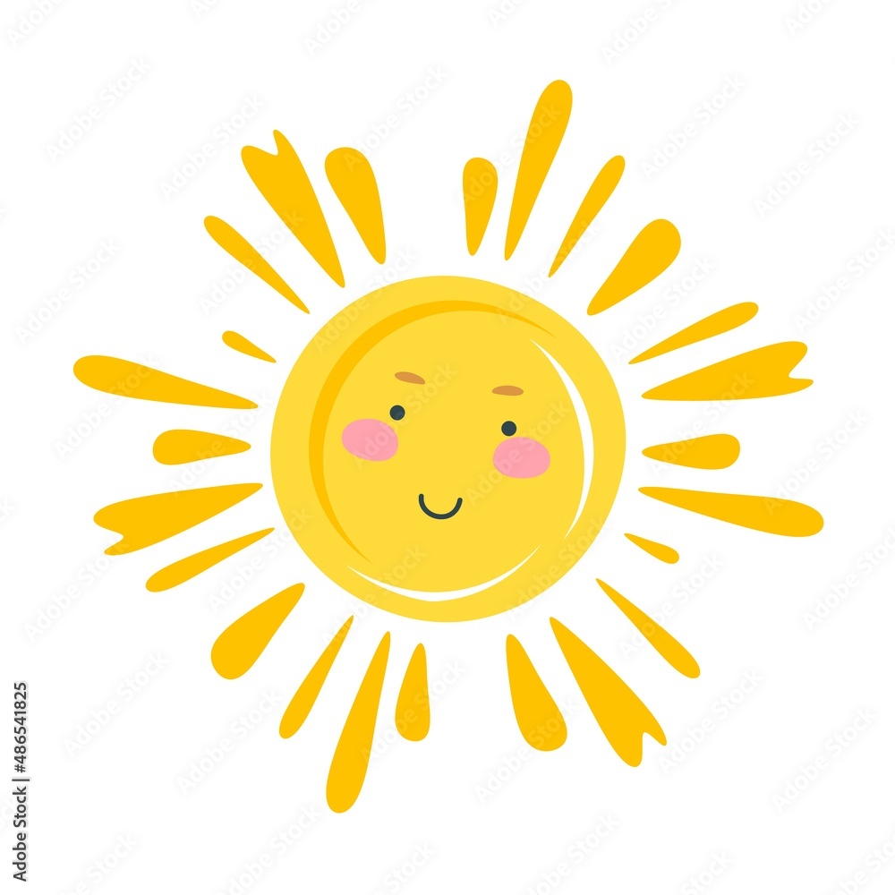 A cheerful smiling sun. The concept of summer. Vector illustration in a flat style isolated on a white background