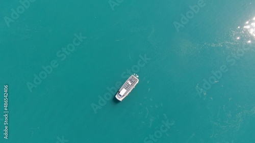drone shot A boat on a lake 
