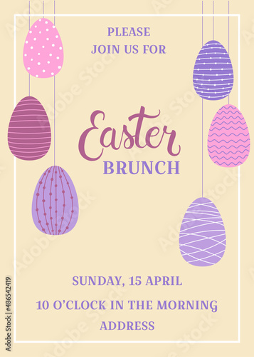 Easter brunch invitation template with decorated easter eggs. Template for poster, greeting card, invitation or postcard.