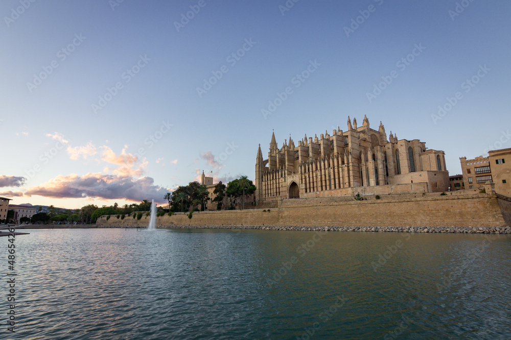 Sunset with the view of the cathedral of Mallorca (Spain)