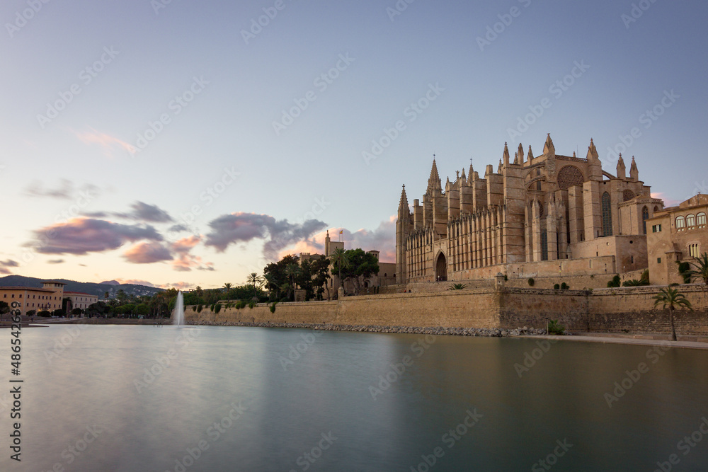 Sunset with the view of the cathedral of Mallorca (Spain)