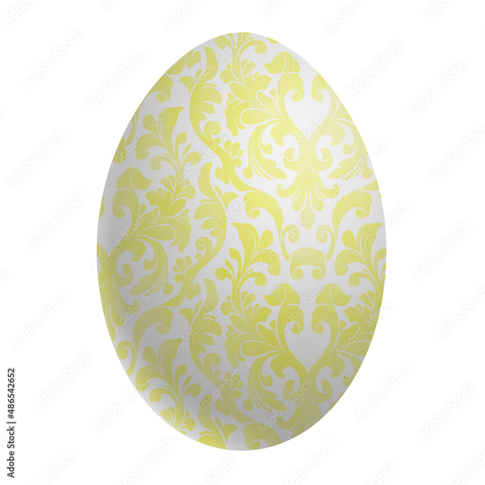 Yellow Easter egg isolated on white background. Floral damask pattern in vintage style. Elegance hand painted pysanka decoration. Yellow Easter egg isolated on white background. Floral damask pattern in vintage style. Elegance hand painted pysanka decoration.