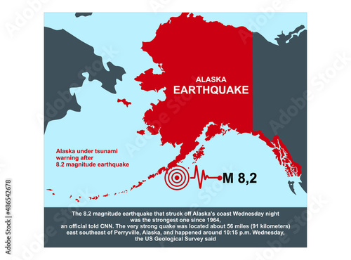 vector illustration, map of alaska, Alaska under tsunami warning after an 8.2 magnitude earthquake. The very strong quake was located about 56 miles (91 kilometers) east southeast of Perryville. pring