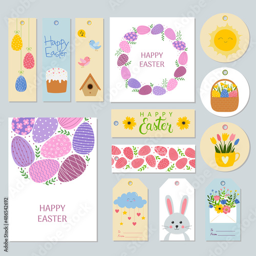 Set of Easter gift tags, labels and greeting cards with cute cartoon characters and lettering. Doodle flat style 