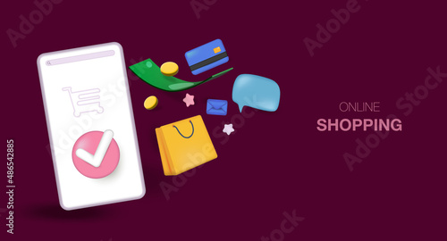 Online shopping. Online shopping 3d design mobile apps. For web banners and posters. Vector illustration realistic