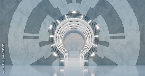 Fototapeta Naklejka Na Ścianę i Meble -  3d rendering. A row of futuristic sci-fi arches with white neon lighting in a dark marble hall.