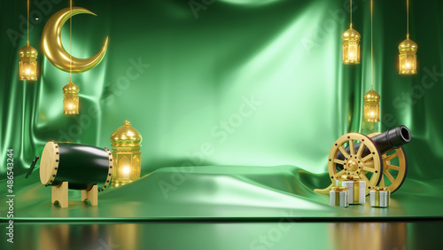 Islamic product display mock up. Podium  crescent moon  lantern  gift box. Ramadan  Islamic New Year. 3D rendering.