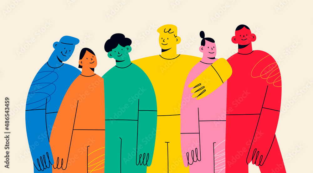 Group of abstract diverse people. Friends or coworkers are standing, hugging, posing together. Cartoon characters. Teamwork, togetherness, friendship concept. Hand drawn colorful Vector illustration - obrazy, fototapety, plakaty 