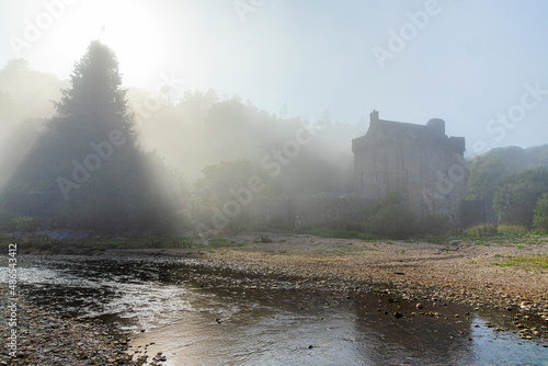 Sea mist rolling in on 16th century Saddell Castle on the shore of the Kilbrannan Sound near Saddell on the Kintyre Peninsula  Argyll   Bute  Scotland UK
