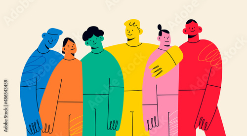 Group of abstract diverse people. Friends or coworkers are standing, hugging, posing together. Cartoon characters. Teamwork, togetherness, friendship concept. Hand drawn colorful Vector illustration photo