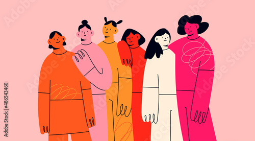 Group of abstract cheerful young ladies. Women are standing, posing together. Female cartoon characters. Friendship, sisterhood, girl power, feminist union concept. Hand drawn Vector illustration