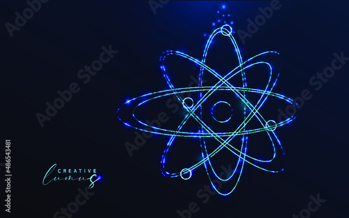 Starry Atom icon isolated on blue background. Neon light in the universe. Atomic neutron, Nuclear Atom tuquoise color. Holographic style vector.
